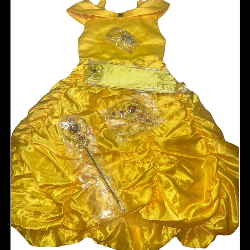 Belle new princess Costume YELLOW DRESS BEAUTY The BEAST crown Jewel Gloves 5/6
